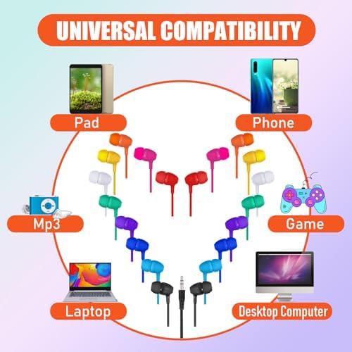 Macarrie 200 Pack Wired Earbuds – Vibrant Classroom & Office Headphones with 3.5 mm Compatibility – Individually Bagged for Hygiene & Seamless Distribution – Lightweight & Durable Design for All-Day Comfort – Ideal for Lectures, Music Listening, and Conference Calls