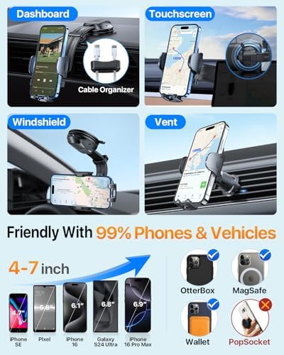 HTU Premium Adjustable Suction Car Phone Holder with Bendable Arm – Ultimate Dashboard and Windshield Mount for i Phone 16, 15, 14, 13, 12 Pro Max (Black) – Secure Grip, 360-Degree Rotation, Enhanced Safety and Usability