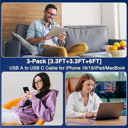 3-Pack Black [3.3FT+3.3FT+6FT] USB A to USB C Cable，USB to USB C Car Carplay Cable for iPhone 16 15 Pro Plus Pro Max，for iPad Pro/Air/Mini，for Samsung S24/S23/S22，for MacBook Pro/Air and More – Enhanced Compatibility and Speed