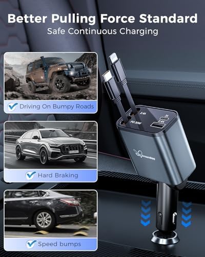Ultimate Retractable Car Charger PT-27: 4-in-1 Fast Charging Adapter with Dual USB Ports & 31.5-Inch Cables for i Phone & Samsung – Compact, Tangle-Free Power Solution for On-the-Go Connectivity