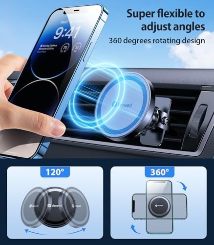 VICSEED Mag Safe Car Mount – Ultimate Magnetic Phone Holder for i Phone 16 Pro Max, 15, 14, 13, 12 Plus & Mini | 360-Degree Adjustable Vent Clip for Enhanced Safety & Convenience | Powerful Magnet for Unmatched Stability & Effortless Hands-Free Navigation | Sleek Design for Modern Vehicles