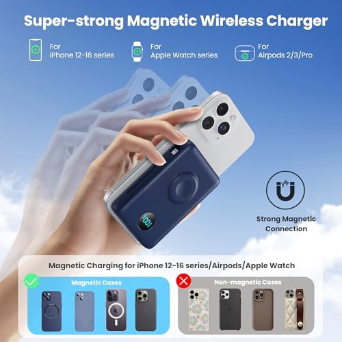 Magnetic Portable Charger 10800 m Ah – 6-in-1 Wireless Power Bank with Built-in Cables for i Phone & Apple Watch – 20 W PD Fast Charging Battery Pack in Stylish Blue – Ultimate On-the-Go Charging Solution with Enhanced Compatibility and Secure Magnetic Connection