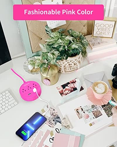 Stylish 25 ft Rose Pink Extension Cord by NTONPOWER – Flat Plug Power Strip with 3 AC Outlets & 2 USB Ports, Versatile Wall Mount Charging Station for Home, Dorm, or Office – ETL Certified for Enhanced Safety and Performance