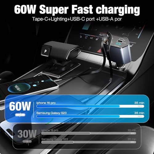Versatile 4-in-1 Retractable Car Charger – 60 W Fast Charging with Dual USB Ports, Tangle-Free Cables, and Voltage Display for i Phone 16/15/14/13/12/11 & Android Devices – Compact Multi-Device Solution for On-the-Go Power