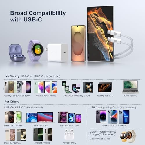 Power Up with Excgood 45 W USB C Fast Charger for Galaxy S25 Ultra – Dual Pack with 6 ft USB C to C Cable – Rapid Compatibility for Galaxy S24 FE, S23, S22, S21, Note, Tab S10, and i Phone 16 Pro Max – Optimal Charging Solution for On-the-Go Users – Sleek White Design for Every Setting – Experience Unmatched Speed and Efficiency in Device Charging