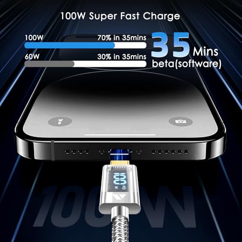 SUPERV 6.6 ft Type C Fast Charging Cable – Premium Nylon Braided USB C Charger with 100 W Power Delivery, High-Speed 480 Mbps Data Transfer, and LED Charging Status Indicator – Ideal for Laptops, Smartphones, and Tablets