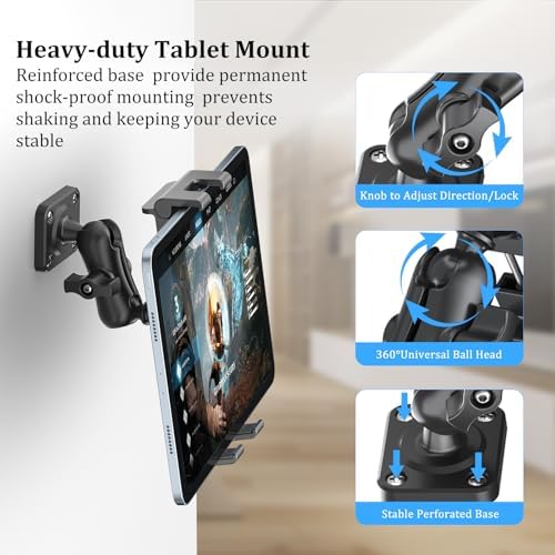 PLDHPRO Heavy Duty Adjustable Tablet Holder Mount for Vehicles and Workstations – Universal Drill Base Compatible with i Pad, i Phone, Surface, Kindle, Samsung Galaxy Tab (5.1-15.6 inch) – Maximum Stability for Safe Navigation and Easy Access in Trucks, Desks, and Kitchens