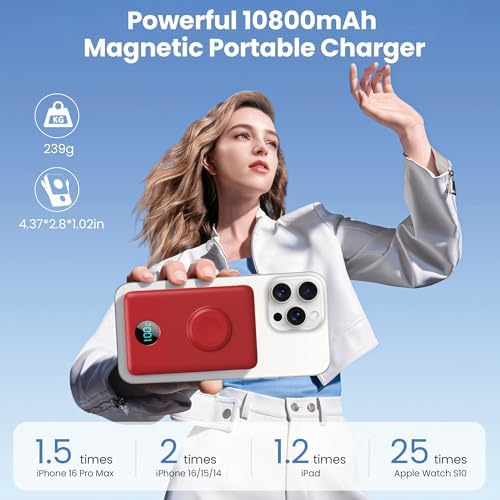 Ultimate 6-in-1 Magnetic Portable Charger, 10800 m Ah Power Bank for i Phone – Features Integrated Cables, Wireless Charging for Apple Watch, Smart LCD Display, and 25 W PD Fast Charging – Perfect Travel Accessory for All Devices with Enhanced Safety Features and Compatibility for i Phone 12 to 16 Series