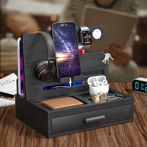 melafa365 Nightstand Organizer for Men,Phone Docking Station with Cable Management,Night Stand with Drawer,Bedside Organizer for Watches,Keys,Wallets,Gifts for Men(Wood) – Enhanced Compatibility and Speed