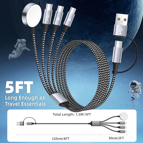 Versatile 4-in-2 Multi-Device Charging Cable: The Ultimate Travel Solution for Effortless Power Management – Compatible with Apple i Watch Ultra, i Phone 16/15/14, and Android Smartphones – 5 FT USB-C Splitter Cord for Rapid Charging and Seamless Data Synchronization, Elevate Your Charging Experience Today