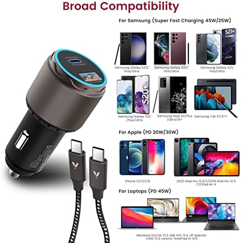 VELOGK 73 W Turbo USB-C Car Charger – Ultra-Fast Adaptive 55 W & 45 W PPS/PD & QC3.0 Adapter for Samsung Galaxy S25/S24/S23/S22+/S21/S20 & i Pad Pro – Compact Green Design with Advanced Safety Features for Rapid On-the-Go Charging
