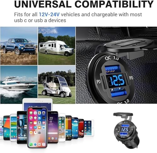 Enhanced 12 V Multi-Port USB Charger – Durable Aluminum Alloy Car Outlet with Integrated LED Voltmeter for Fast Charging in Cars, RVs, Boats, Trucks, and Motorcycles (Dual Pack) – Optimal Device Compatibility and Reliability for On-the-Go Power