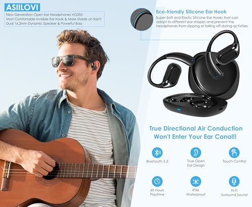 Experience Boundless Freedom with VG333 Open-Ear Bluetooth Headphones: Ultra-Thin Silicone Ear Hooks for Ultimate Comfort, 70-Hour Playtime, and Immersive Bass – Ideal for Active Lifestyles with Touch Control and Next-Gen Bluetooth 5.3 Connectivity