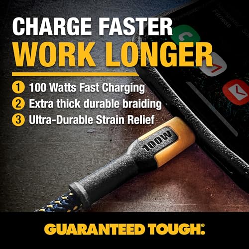 DEWALT Heavy Duty 100 W USB C Cable – 6 ft High-Speed Type-C to Type-C Fast Charging Cord for i Phone 16/15 Pro Max, Mac Book, i Pad & Samsung Galaxy – Enhanced Durability for Jobsite and Home Use with PD Technology