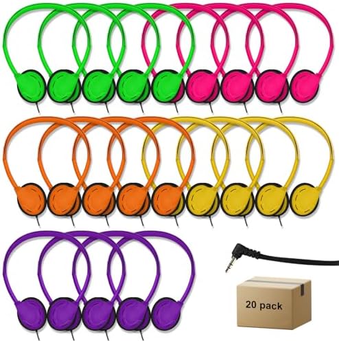 Elevate Learning with 20-Pack Adjustable Kids’ Headphones – Multi-Color Bulk Earphones Featuring 3.5 mm Jack for Classroom, Library, and Home Use – Durable, Lightweight Design Ensures Comfort for Extended Audiobook and Educational Sessions – Perfect Fit for All Ages with Enhanced Sound Quality