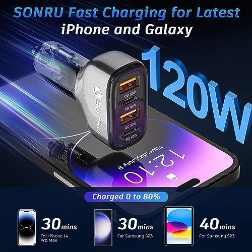 SONRU 120 W USB C Car Charger – 4-Port Fast Charging Adapter with Dual PD 60 W & QC3.0 30 W Ports for i Phone 16 Pro Max, Galaxy S23/22, Google Pixel & More – Compact & Reliable Vehicle Charger for Multiple Devices – Safe, Efficient, and Perfect for Road Trips