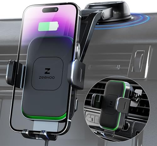 ZEEHOO DUOXX 15 W Fast Wireless Car Charger with Auto-Clamping Technology – High-Speed Dual Coils Phone Holder for i Phone 15, Samsung S23 Ultra & More – Versatile Dashboard & Vent Mount with Smart Sensor for Ultimate Convenience