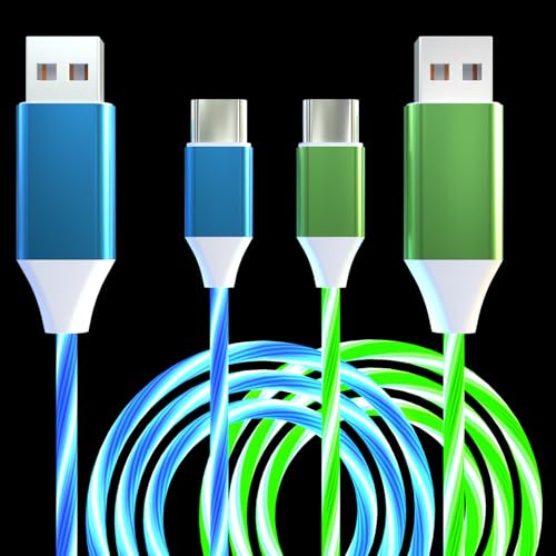 Illuminate Your Charging: 2-Pack LED USB A to C Charger Cable – Vibrant Light-Up Type C Cord for i Phone 15, Samsung Galaxy S21/S20/S10/S9/S8, Note 20, LG V30/V20/G6 – 78-Inch Durable Fast Charging Solution in Purple & Green