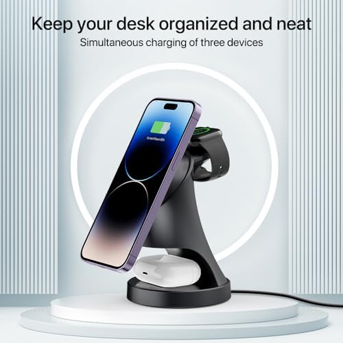 All-in-One Mag Safe Wireless Charging Station for Apple Devices – Fast 3-in-1 Charger Dock for i Phone 16/15/14/13/12 Pro/Max/Plus/Mini, Air Pods 2/3/Pro, and Apple Watch Series Ultra/8/7/SE/6/5/4/3/2 – Sleek, Space-Saving Design with Advanced Safety Features