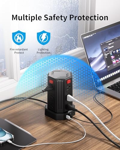 SMALLRT Power Tower Surge Protector – 10 Ft Extension Cord with 12 AC Outlets & 4 USB Ports (1 USB-C) – Ultimate Charging Station for Home & Office – Enhanced Device Compatibility & Safety