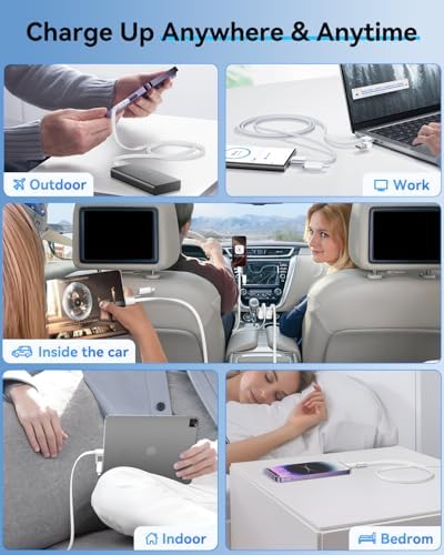 SHEZI 4-in-1 USB C to Lightning Charging Cable – 60 W Fast Charge & Data Sync for i Phone, i Pad, Samsung & Mac Book – 5 FT Multi-Device Travel Charger, Compatible with Apple Car Play & Android Auto, Durable White Design for Ultimate Versatility