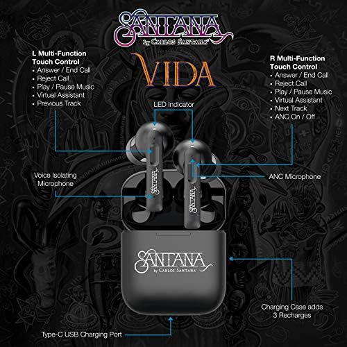 SANTANA BY CARLOS SANTANA Rio Wireless Bluetooth Earbuds – Immersive Sound Quality with 64-Hour Playback, 100-Hour Standby, IPX5 Waterproof Rating, Compact USB Charging Case, LED Battery Indicator & Voice Assistant Support – The Definitive Audio Solution for Active Lifestyles in Elegant Black