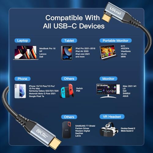 USB C Monitor Cable 8K/4K UHD Display[4FT], 40Gbps USB 4 High Speed Data Transfer Cable, Right Angle USB C for Thunderbolt 4 Cord, 240W Fast Charging for iPhone 16, MacBook Pro, KVM Switch, Samsung – Enhanced Compatibility and Speed