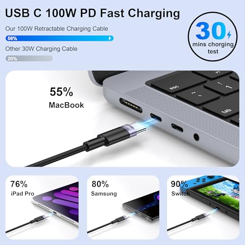 3-in-1 Retractable Multi Charging Cable, 100W Fast Charging USB-C/A to Lightning/USB-C/Micro USB Phone Charger Cord for iPhone 16/15, Samsung, MacBook, iPad （White） – Enhanced Compatibility and Speed