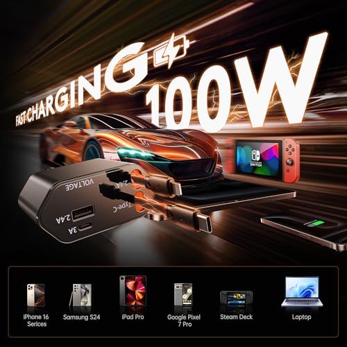 GUSGU 100 W Retractable Car Charger – Versatile 4-in-1 Fast Charging Solution with 2.6 ft Tangle-Free Cord, Lightning & USB-C Adapters – Universal Compatibility for All Devices in Sleek Silver Design – Stay Powered On-The-Go