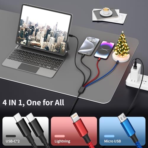 Versatile 4 in 1 USB C Charging Cable – 5 FT Dual Type-C Multi-Device Charger for i Phone 16/15/14/13, Android, i Pad & Mini Fans – 2 Pack Essential Travel Accessory for Fast and Efficient Charging Solutions