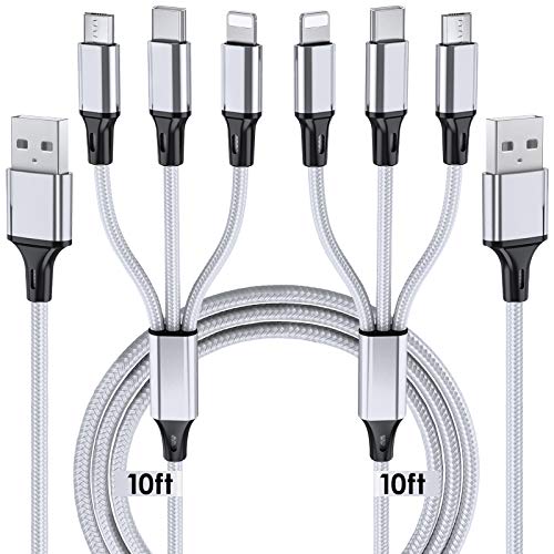 10 ft 2-Pack Multi Charging Cable: Durable 3-in-1 USB-C, Micro USB & Lightning Cords for Fast Charging | Extra Long Universal Charger for Phones, Tablets & More | Perfect for Home, Office, and Travel Use