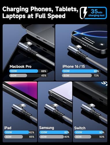 JSAUX 100 W USB C Cable 2-Pack – 10 FT Right-Angle Charging Cords with Fast Data Transfer for i Phone 16, Samsung Galaxy, i Pad & Mac Book – Durable & Flexible Design for Effortless Charging in Tight Spaces