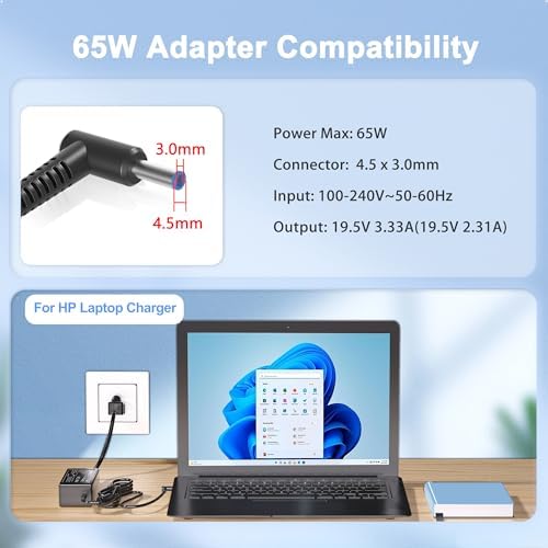 High-Performance 65 W AC Adapter Charger for HP Pavilion, Envy, Zbook & Spectre x360 – Fast Charging with Enhanced Compatibility and Safety Assurance – Ideal Replacement Power Cord for Reliable Laptop Performance – Blue Tip 4.5 x 3.0 mm Connector for Maximum Versatility