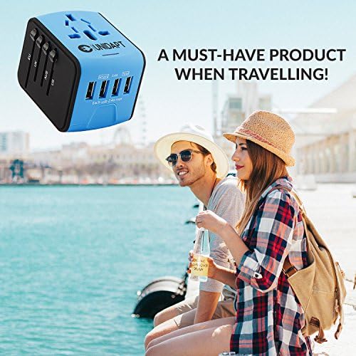 Unidapt Universal Travel Adapter: High-Speed 2.4 A 4-Port USB Charger for Global Use – Compact International Plug Adapter for Europe, USA, UK, Australia – Stylish Blue Design with Safety Features for Hassle-Free Charging on the Go