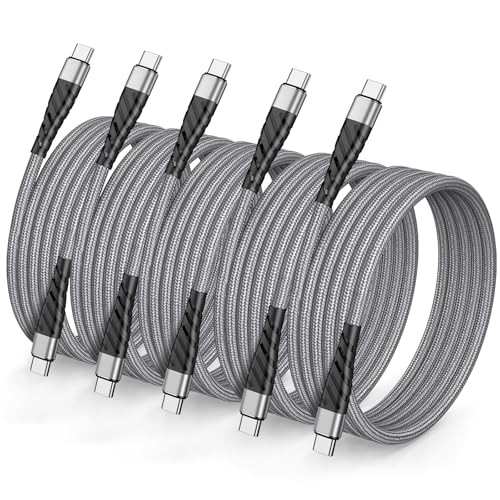 High-Speed USB C Cable 100 W – 6 ft Fast Charging Solution for i Phone 16/15 & i Pad Mini 6 – Type C to C (5-Pack) – Enhanced Durability & Versatile Compatibility – Grey Professional Design for Home & Office Use