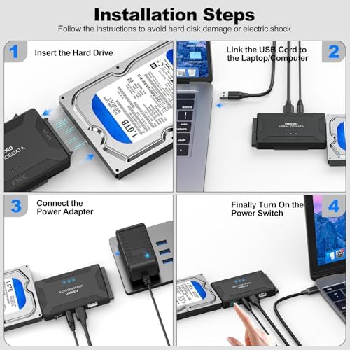 FEMORO Ultra-Fast 3-in-1 Hard Drive Reader – IDE & SATA to USB 3.0 + USB-C Adapter with 12 V Power Supply for Seamless Data Transfer of 2.5” SSDs and 3.5” HDDs – Versatile Connectivity for Windows & Mac Users, Perfect for Data Backup and Retrieval