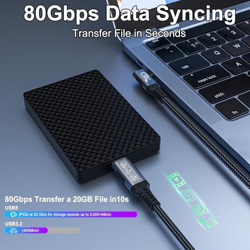 240 W 80 Gbps Right Angle USB-C Cable – Thunderbolt 5 Compatible 3.3 ft, 90 Degree Design for 8 K/16 K 60 Hz Displays, Ultra-Fast Data Transfer and Power Delivery, Ideal for Compact Workspaces and High-Performance Devices