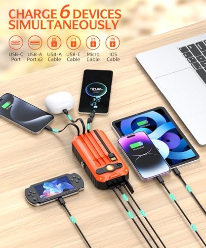 Ultimate 40000 m Ah Solar Power Bank with Hand Crank Generator – Versatile 22.5 W Fast Charger Featuring 6 Outputs, Built-in Cables, and Emergency Flashlight for Outdoor Enthusiasts – Reliable Charging Solution for Adventures and Blackouts