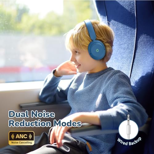 Premium i Clever BTH20 Kids’ Bluetooth 5.4 Headphones with Advanced Active Noise Cancellation – Up to 60 Hours of Playtime, Fast Type-C Charging, and Safe 80 d B Volume Limit – Ideal for Air Travel, Learning, and Entertainment – Award-Winning Kid-Friendly Design in Vibrant Blue for Young Audiophiles