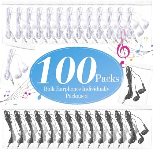 Kanayu 100-Pack Kids Earbuds – Premium Classroom Headphones with 3.5 mm Compatibility, Individually Packaged for Hygiene, Ideal for Students and Teens, Durable Black and White Design for Enhanced Learning Experiences