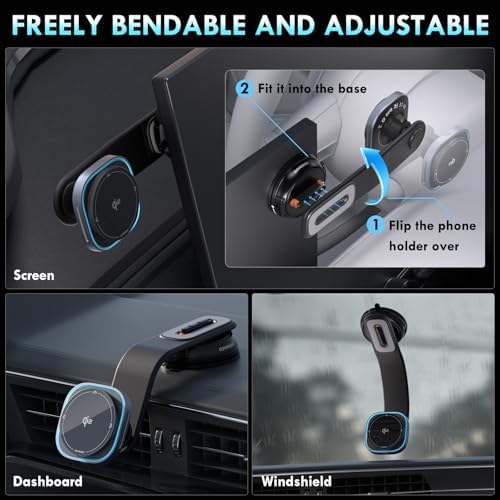 Coverado Premium QI2 15 W Wireless Car Charger with Adjustable Aluminum Alloy Arm and Magnetic Phone Holder – Ultimate Dashboard & Windshield Mount for i Phone 16/15/14/13 – Fast, Secure, and Versatile Charging Solution for Modern Drivers