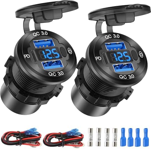 Versatile 12 V USB Car Charger with Dual Quick Charge 3.0 Ports and USB-C Power Delivery Socket for Boats, Trucks, and RVs – Reliable Voltmeter Switch for Optimal Charging Performance and Enhanced Device Compatibility