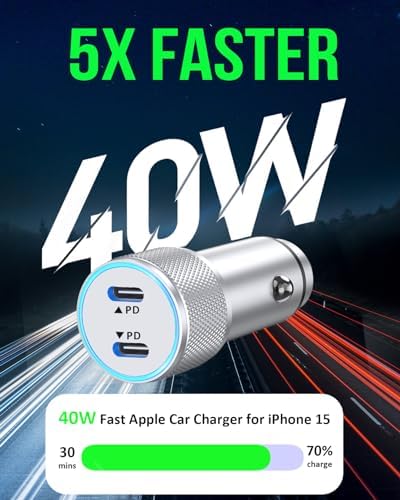 i Phone 14 Dual Port Fast USB C Car Charger | Apple MFi Certified 38 W Quick Charge Adapter with 2 Lightning Cables | Sleek Metal Design for Optimal Durability and Compatibility with i Phone 14, 13 Pro Max, Mini, 12, 11 & Air Pods | Reliable On-the-Go Power Solution for Busy Lifestyles