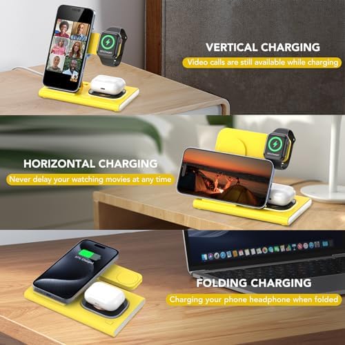 Ultra-Convenient 3-in-1 Foldable Wireless Charging Dock for Apple Devices – Rapid Power-Up Station for i Phone 16/15/14/13/12/11/X/XS, Apple Watch Series 10/9/8/7/Ultra2/Ultra/SE, and Air Pods Pro/2/3/4 – Lightweight Travel Charger with Integrated LED Light for Enhanced Portability and Efficiency