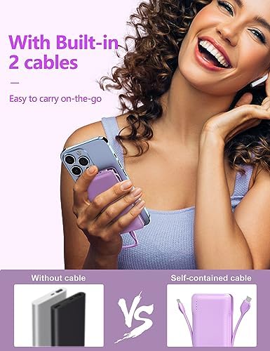 Ultra-Slim 10000 m Ah Portable Charger with Integrated Dual Cables – Fast Charging Power Bank for Android & i OS Devices – Compact Travel Essential with USB-C In/Out for Ultimate Convenience and Enhanced Compatibility