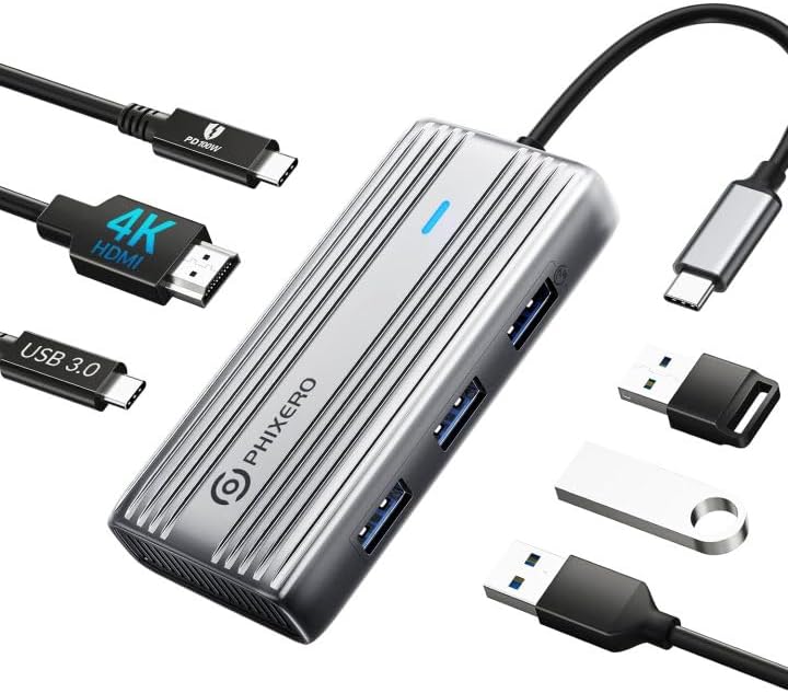 Maximize Your Productivity with the PHIXERO 8-in-1 USB C Adapter: High-Speed 5 Gbps USB 3.0 Hub, 4 K@60 Hz HDMI Output, 1 Gbps Ethernet, 100 W PD Charging, SD/TF Card Reader – Perfect for Mac Book Pro, Air, Surface & More in Sleek Gray Design