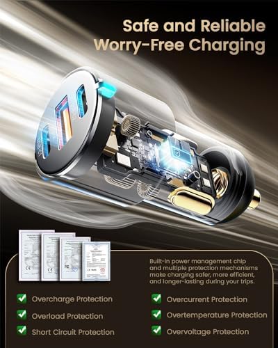 Essager 66 W Dual USB-C & USB-A Fast Charging Car Charger – Premium Aluminum Universal Adapter for Quick Charge 3.0, PD, and PPS – Ideal for i Phone 15/14/13/12 Pro Max and Samsung Galaxy Devices – Ultimate On-the-Go Power Solution
