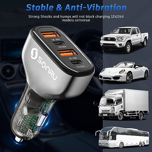 SONRU 120 W USB C Car Charger – 4-Port Fast Charging Adapter with Dual PD 60 W & QC3.0 30 W Ports for i Phone 16 Pro Max, Galaxy S23/22, Google Pixel & More – Compact & Reliable Vehicle Charger for Multiple Devices – Safe, Efficient, and Perfect for Road Trips