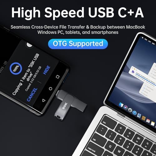 SSK 256 GB Dual USB C Flash Drive – High-Speed USB 3.2 Memory Stick with Dual USB Type-C & USB-A Ports – Sleek Black Metal Design for Effortless File Transfer Across Smartphones, Tablets, Laptops, and TVs – Unmatched Durability & Performance