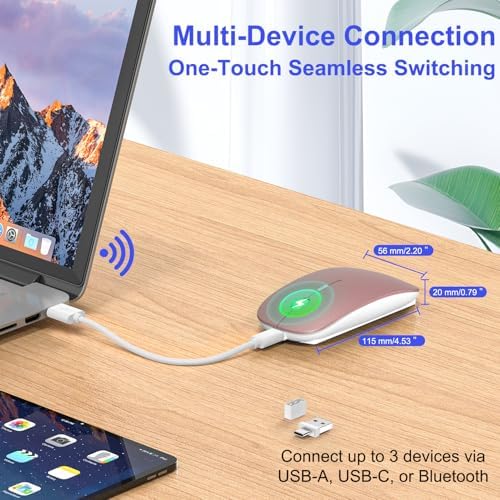 Sleek Silver Bluetooth Wireless Mouse for Mac Book Air & Pro – Ergonomic, Rechargeable, and Silent Tri-Mode Connectivity (2.4 G USB-C/USB-A, Bluetooth 5.2/3.0) for Ultimate Productivity on the Go